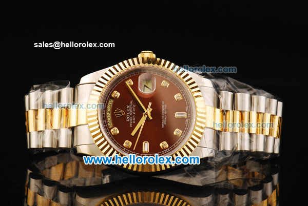 Rolex Day-Date II Automatic Movement Steel Case with Brown Dial and Gold Bezel-Two Tone Strap - Click Image to Close